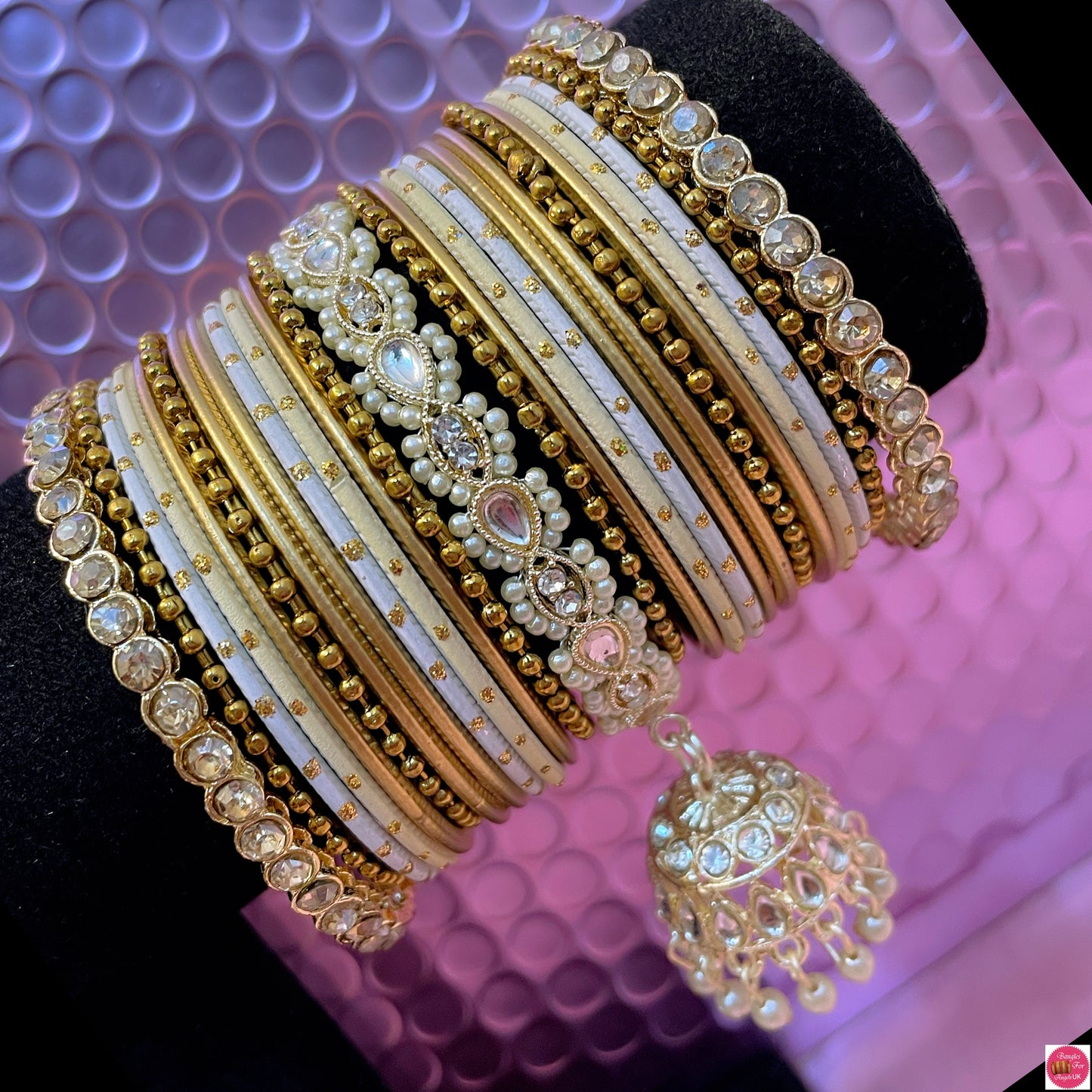 Kundan Pearl Hanging Metal Bangles Set- White