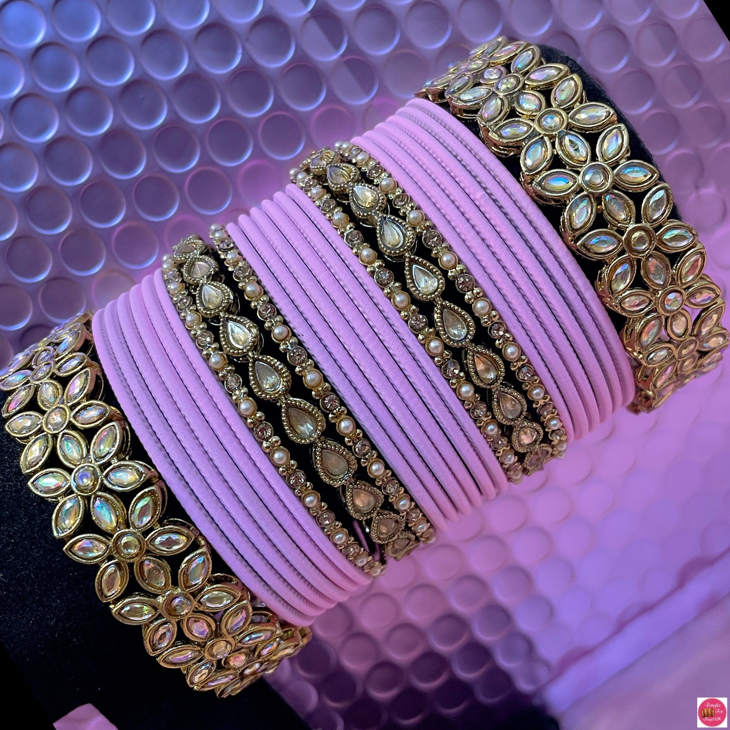 Kundan Metal Bangles Set- Baby Pink