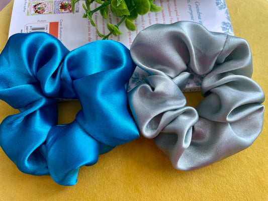 Teal & Grey Silk Scrunchie Combo