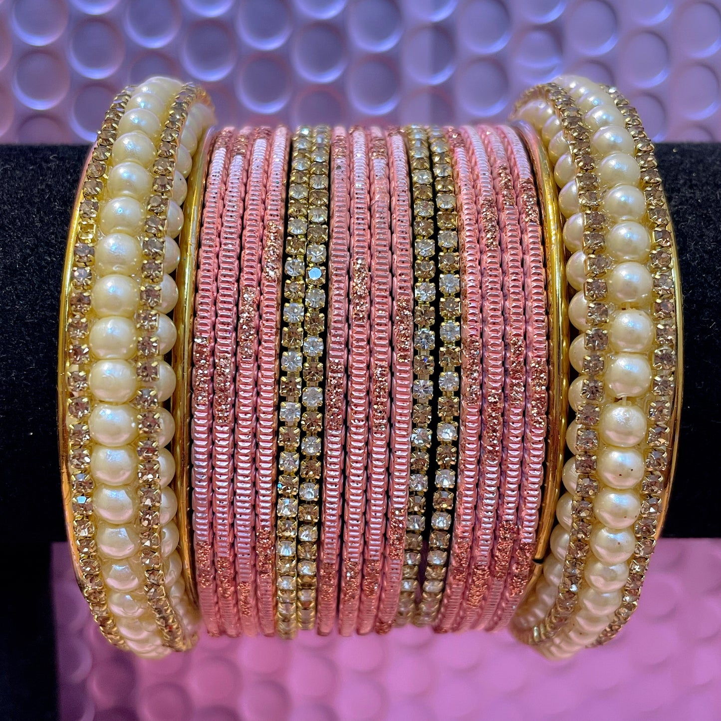 Pearl Zirconia Metal Bangles Sets- Various Colours