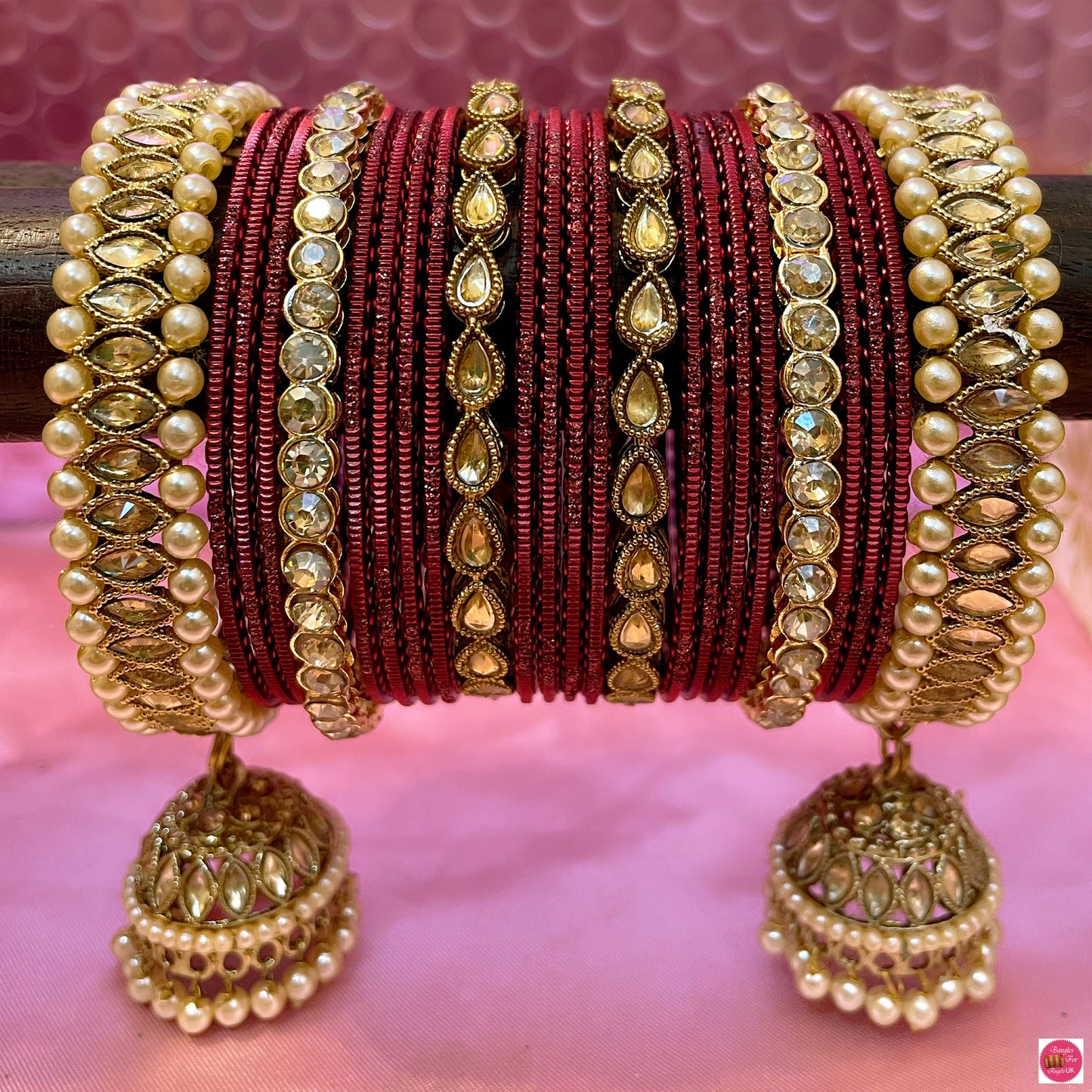 Kundan Pearl Gold Hanging Metal Bangles Set- Maroon