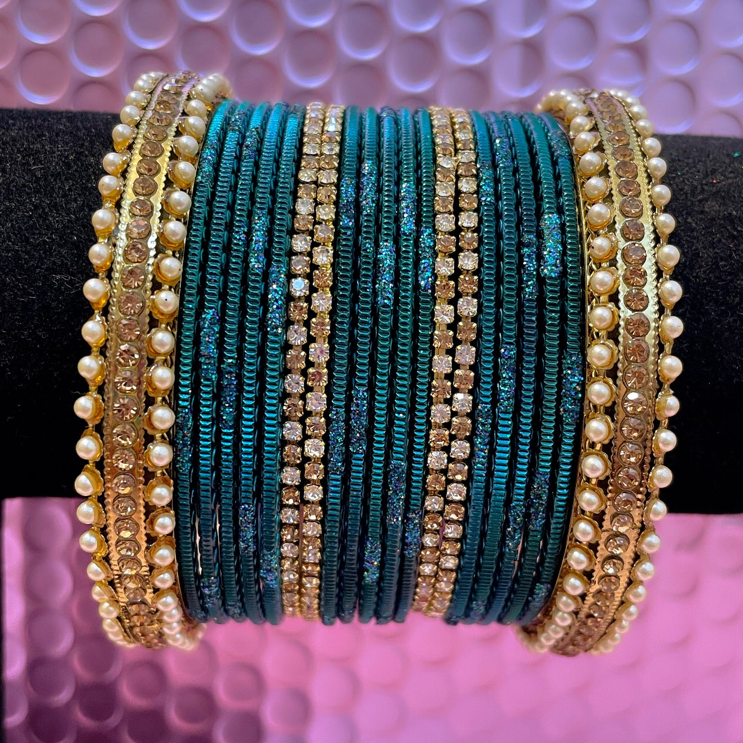 Gold Pearl Metal Bangles Set Various Colours- Size 2.10