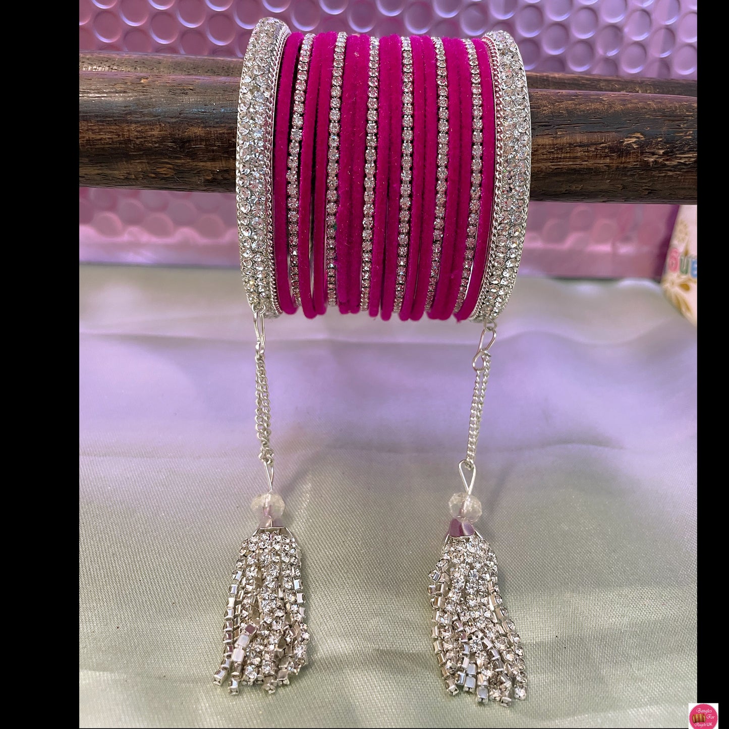 Silver Zirconia Hanging Metal Bangles Set- Hot Pink