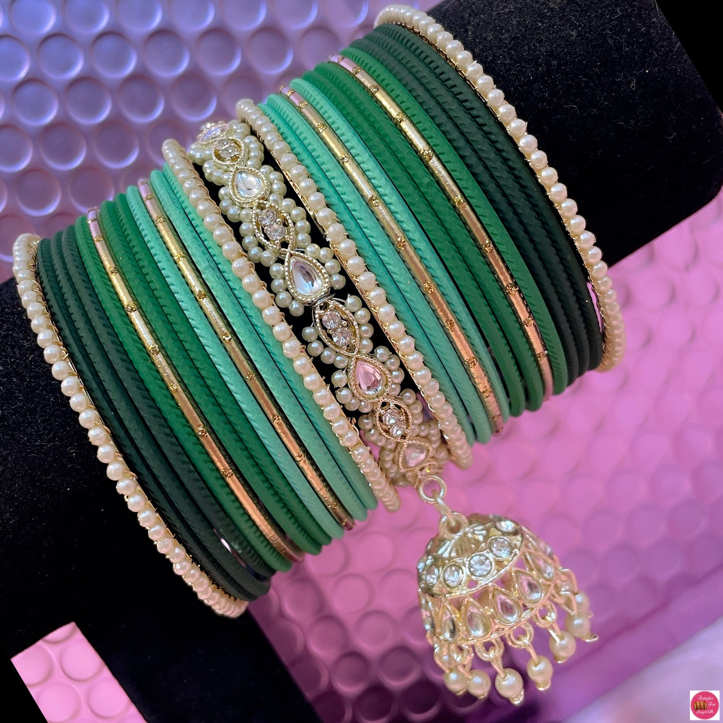 Kundan Pearl Hanging Metal Bangles Set- Greens