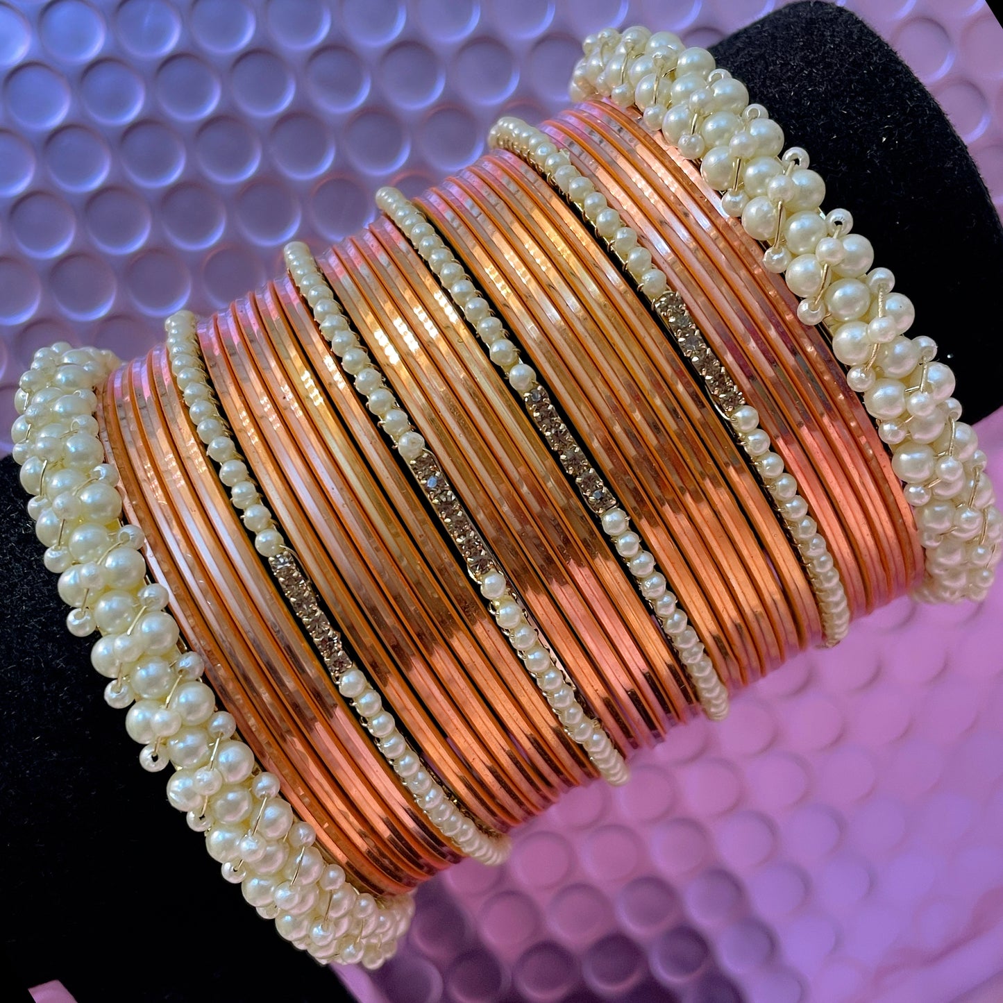 Pearl Metal Bangles Set- Peach