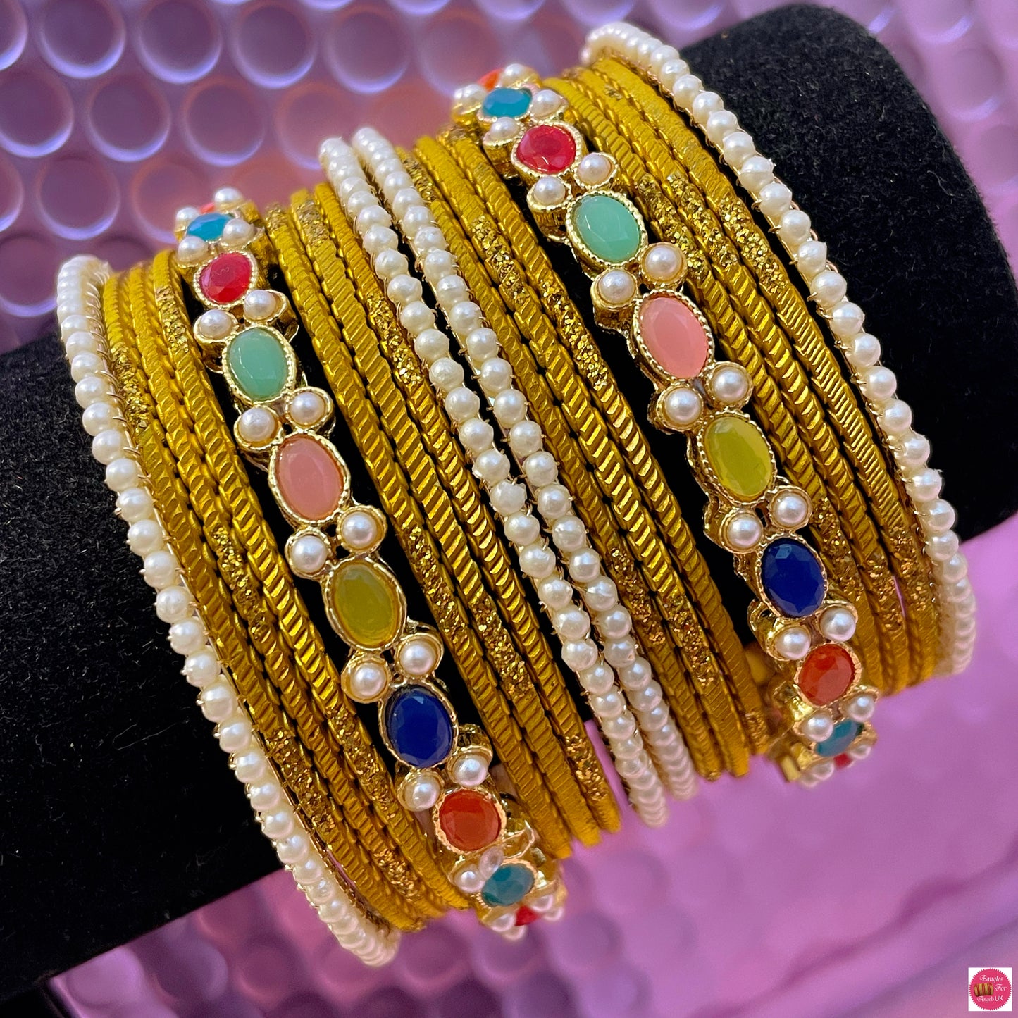 Kundan Pearl Metal Bangles Set- Yellow