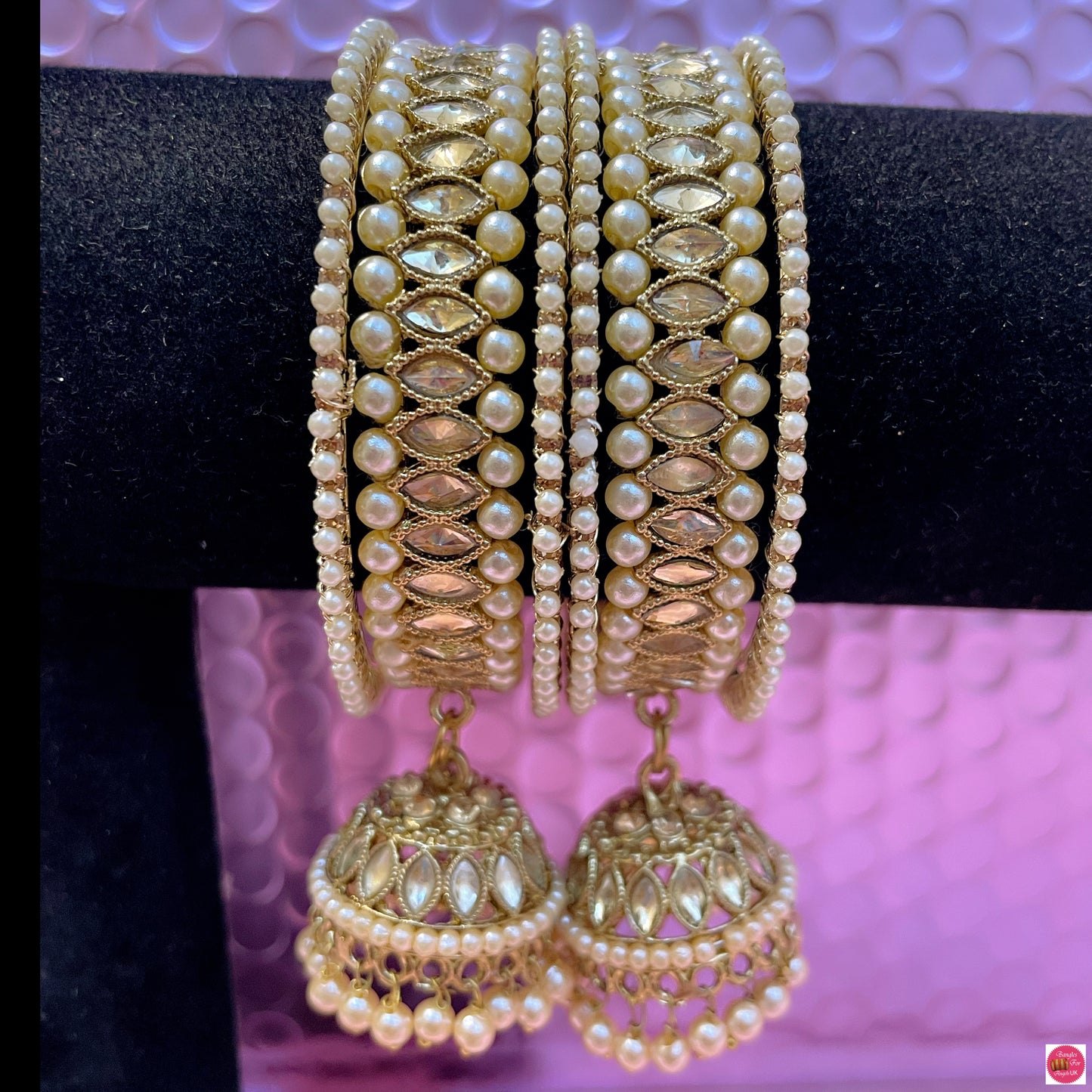 Kundan Pearl Hanging Metal Bangles Sets- Size 2.4/2.6/2.10