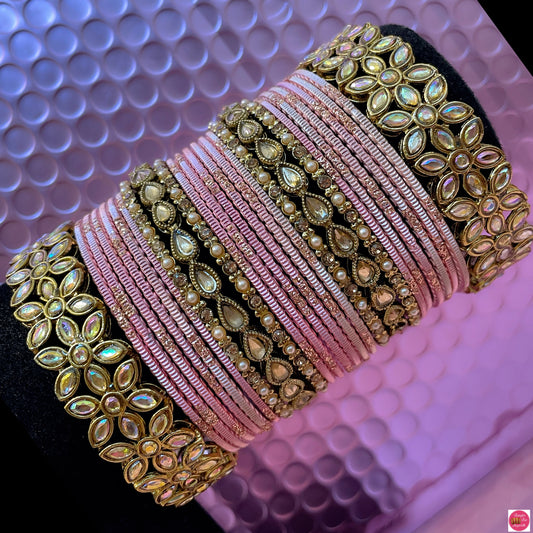 Kundan Metal Bangles Set- Tuscany Pink