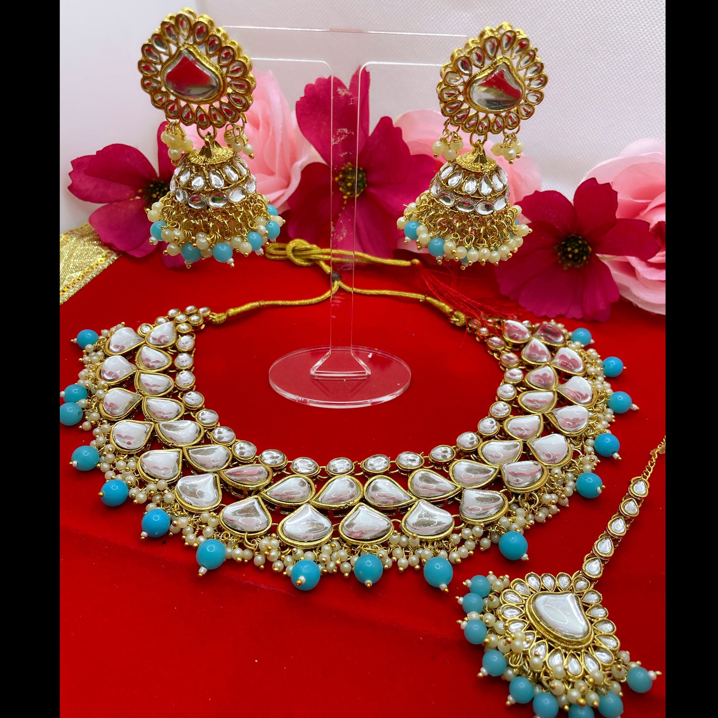 Kundan Pearl Necklace, Earings & Maang Tikka Set- Aqua/Sky Blue