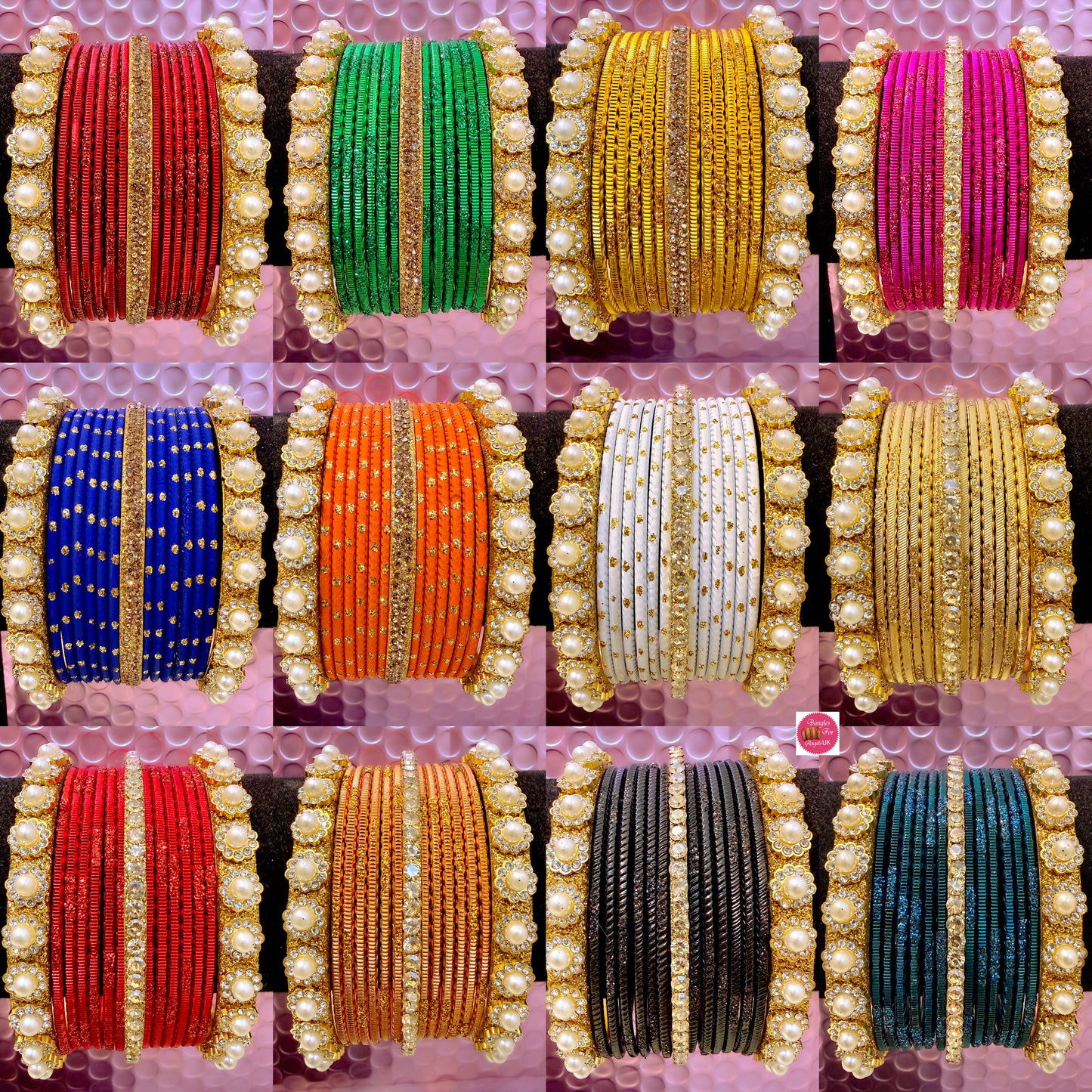 Gold Pearl Metal Bangles Sets In Assorted Colours