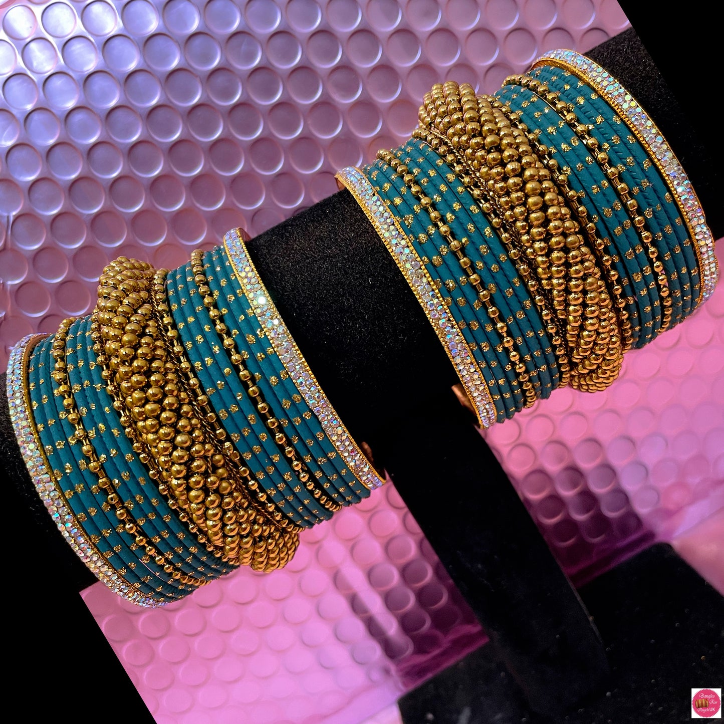 Gold Metal Bangles Set- Teal