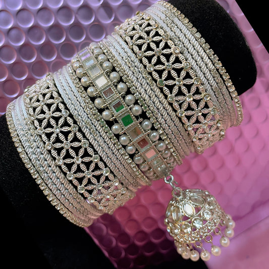 Silver Pearl Hanging Metal Bangles Set