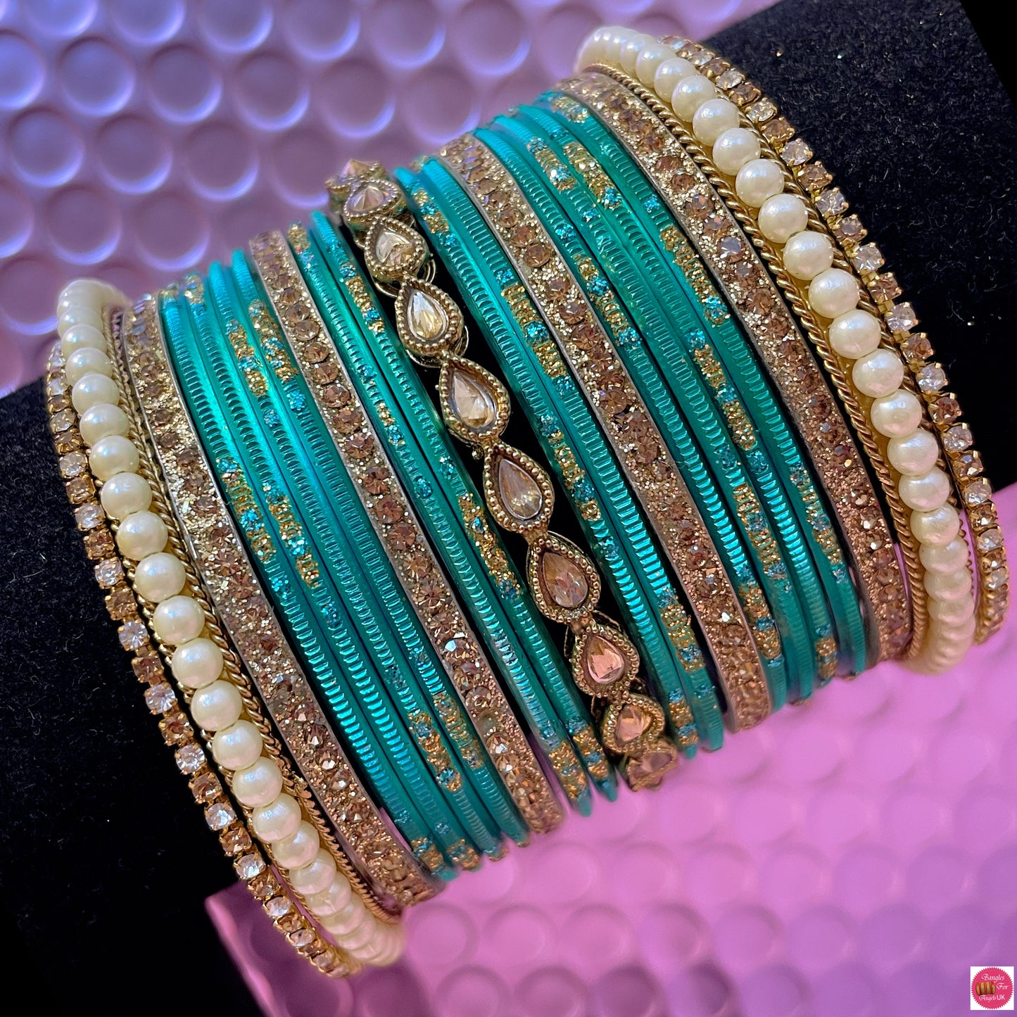 Kundan Pearl Metal Bangles Set- Various Colours