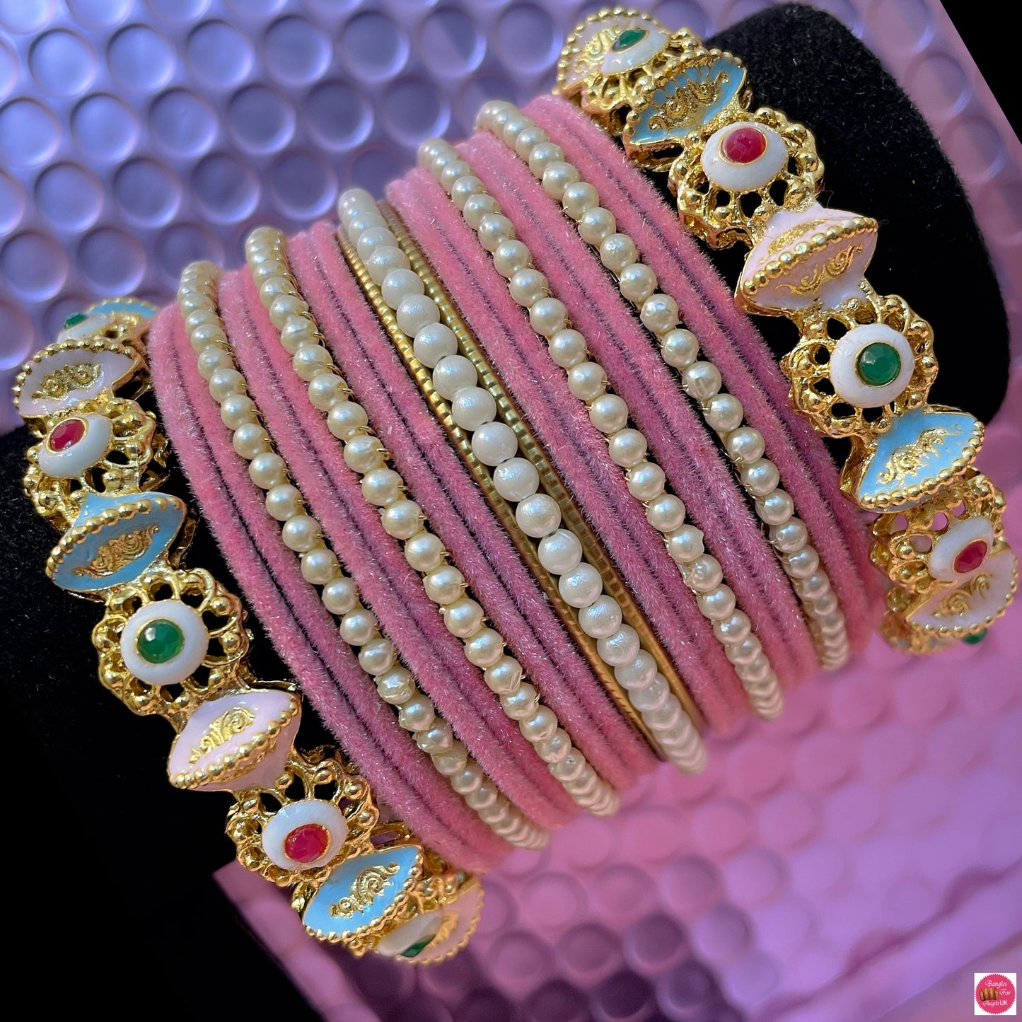 Pearl Metal Bangles Set- Blush Pinkk