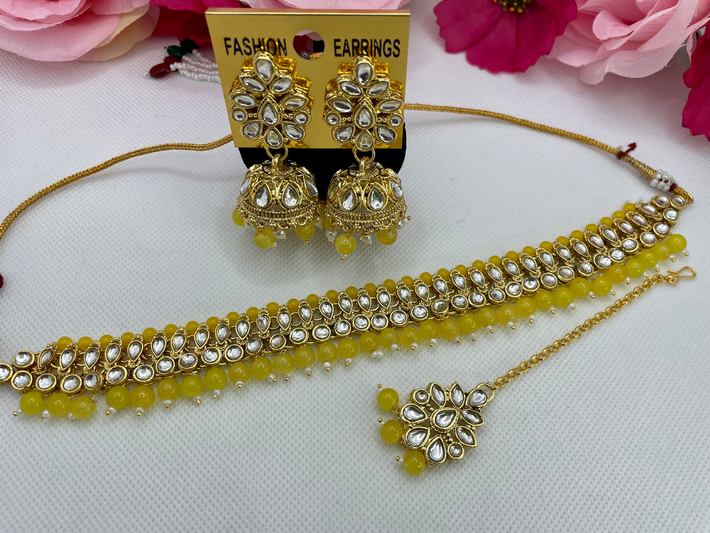 Kundan Choker, Earings & Maang Tikka Set- Yellow