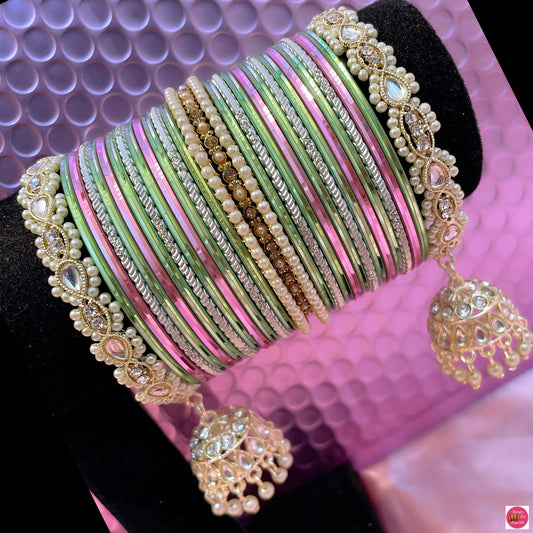 Kundan White Pearl Hanging Metal Bangles Set- Light Pink/Mint Green