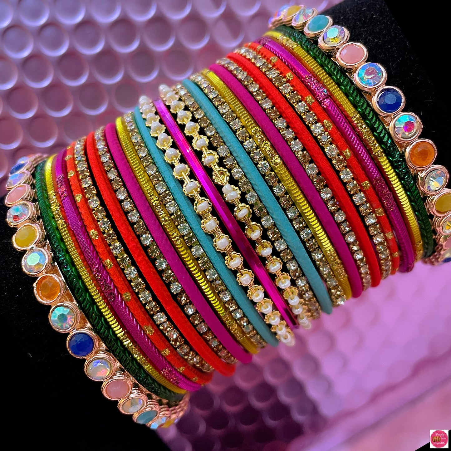 Multicoloured Pearl Zirconia Mehendi Metal Bangles Set