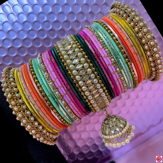 Multicoloured Kundan Pearl Hanging Metal Bangles Set