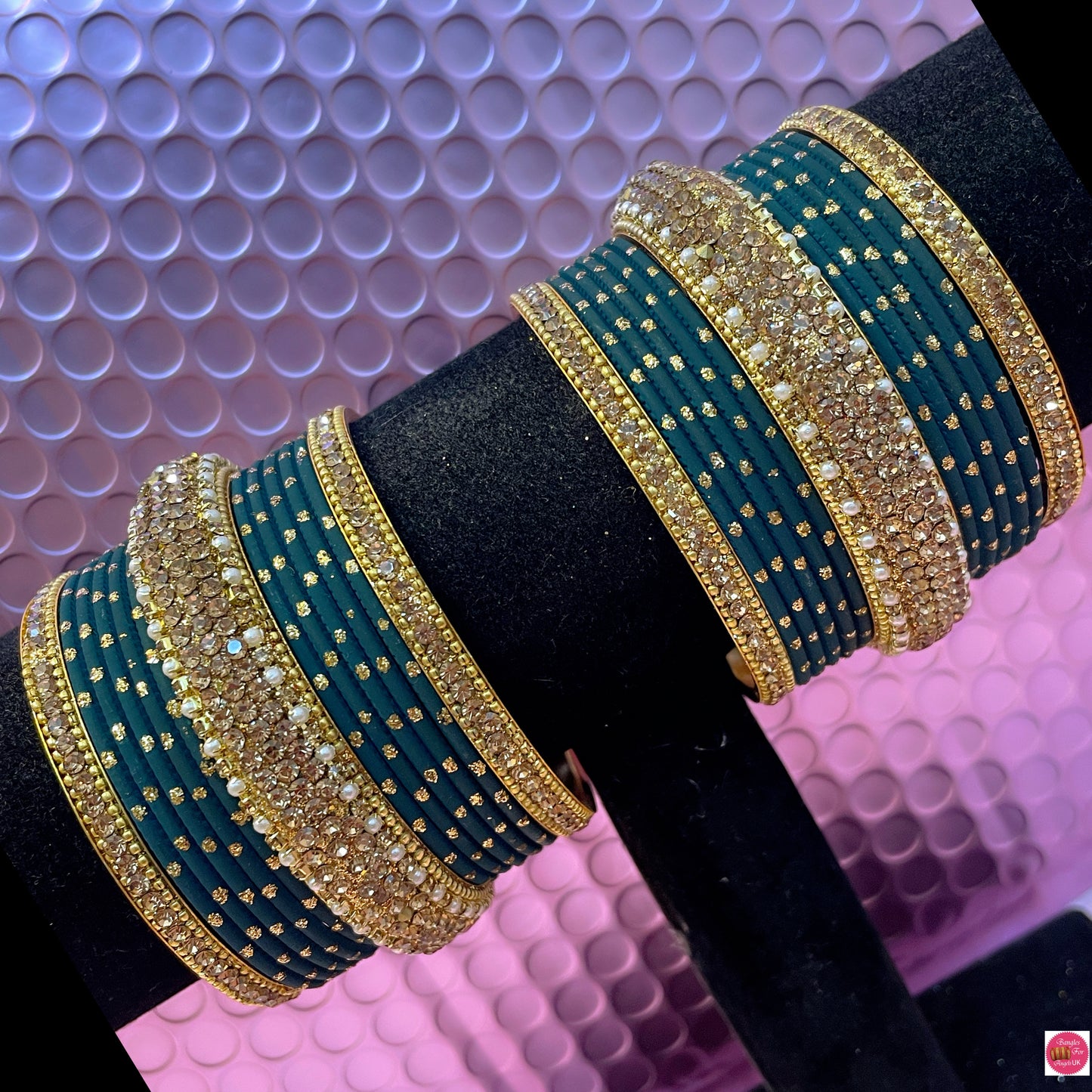 Gold Pearl Metal Bangles Set- Teal