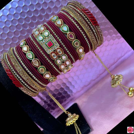 Gold Kundan Hanging Metal Bangles Set- Maroon