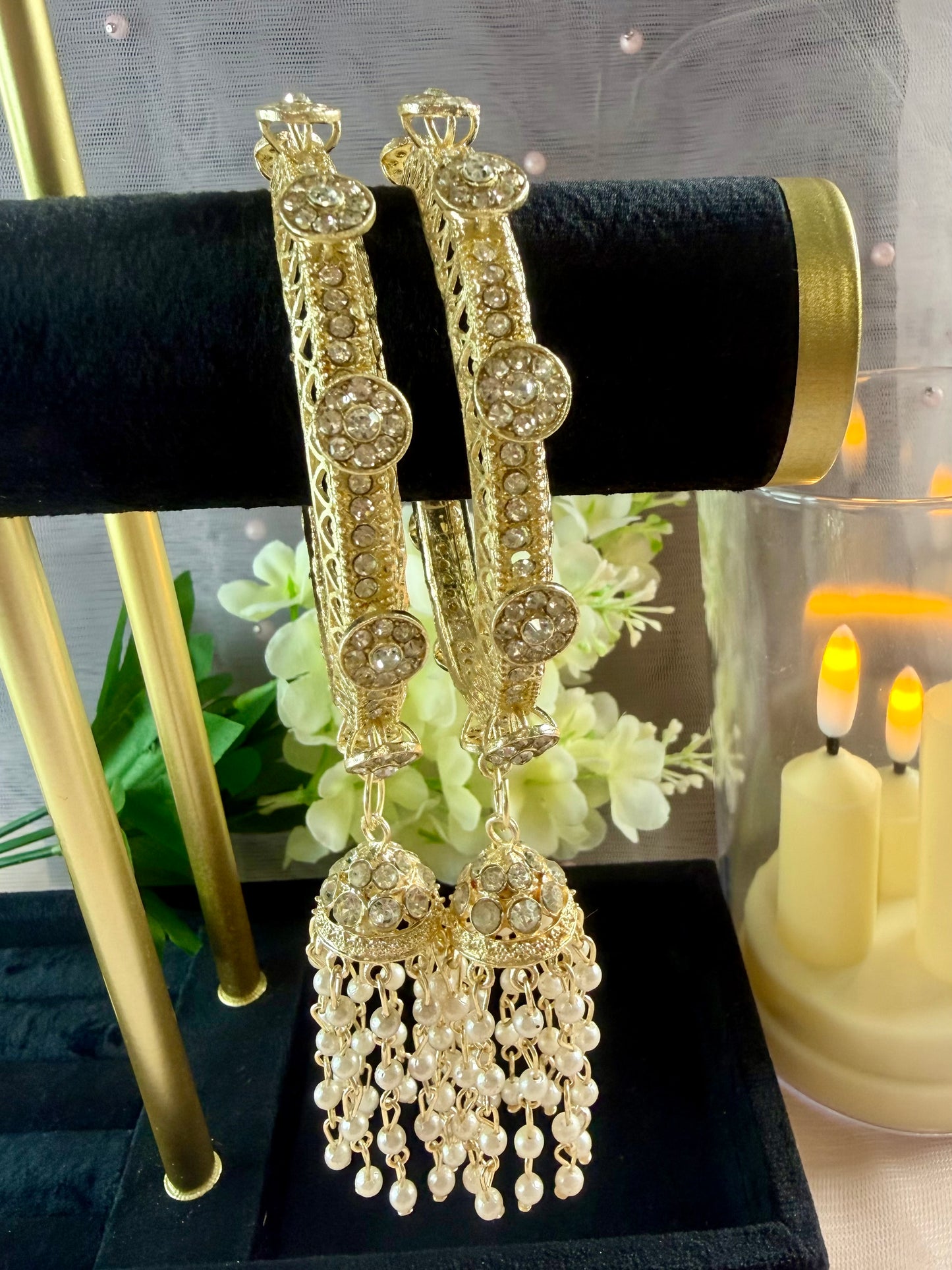 Kundan Gold Pearl Jhumka Metal Karas.