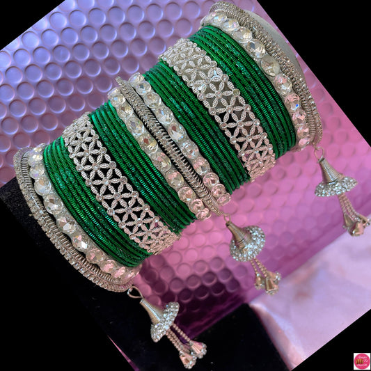 Silver Zirconia Hanging Metal Bangles Set- Green