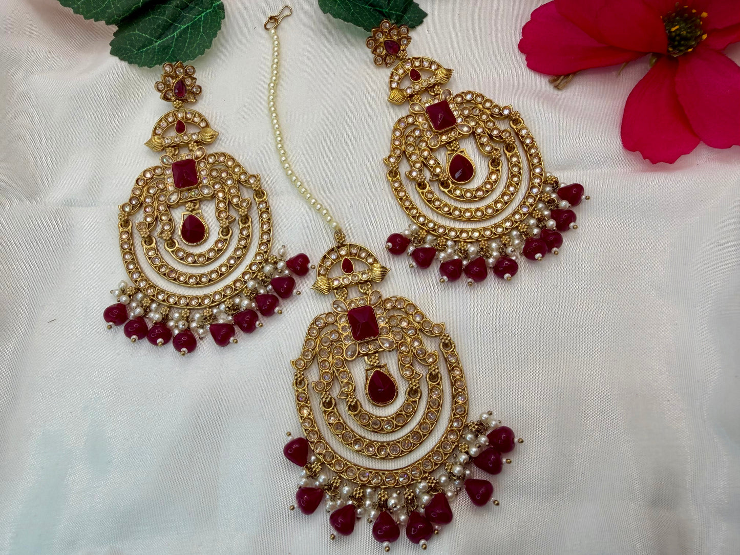 Kundan Maang Tikka & Earings Set- Maroon