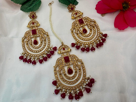 Kundan Maang Tikka & Earings Set- Maroon