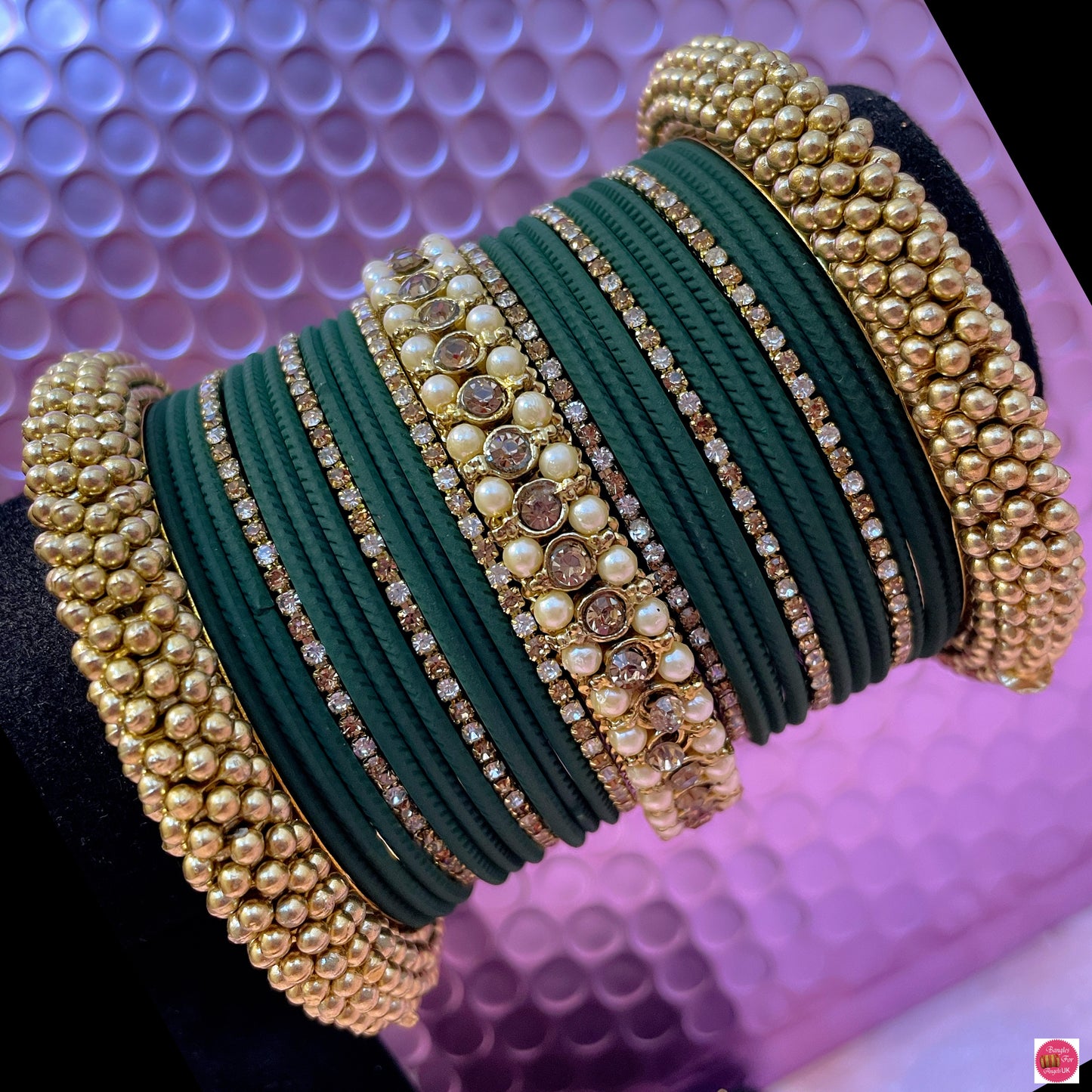 Gold Pearl Zirconia Metal Bangles Set- Green