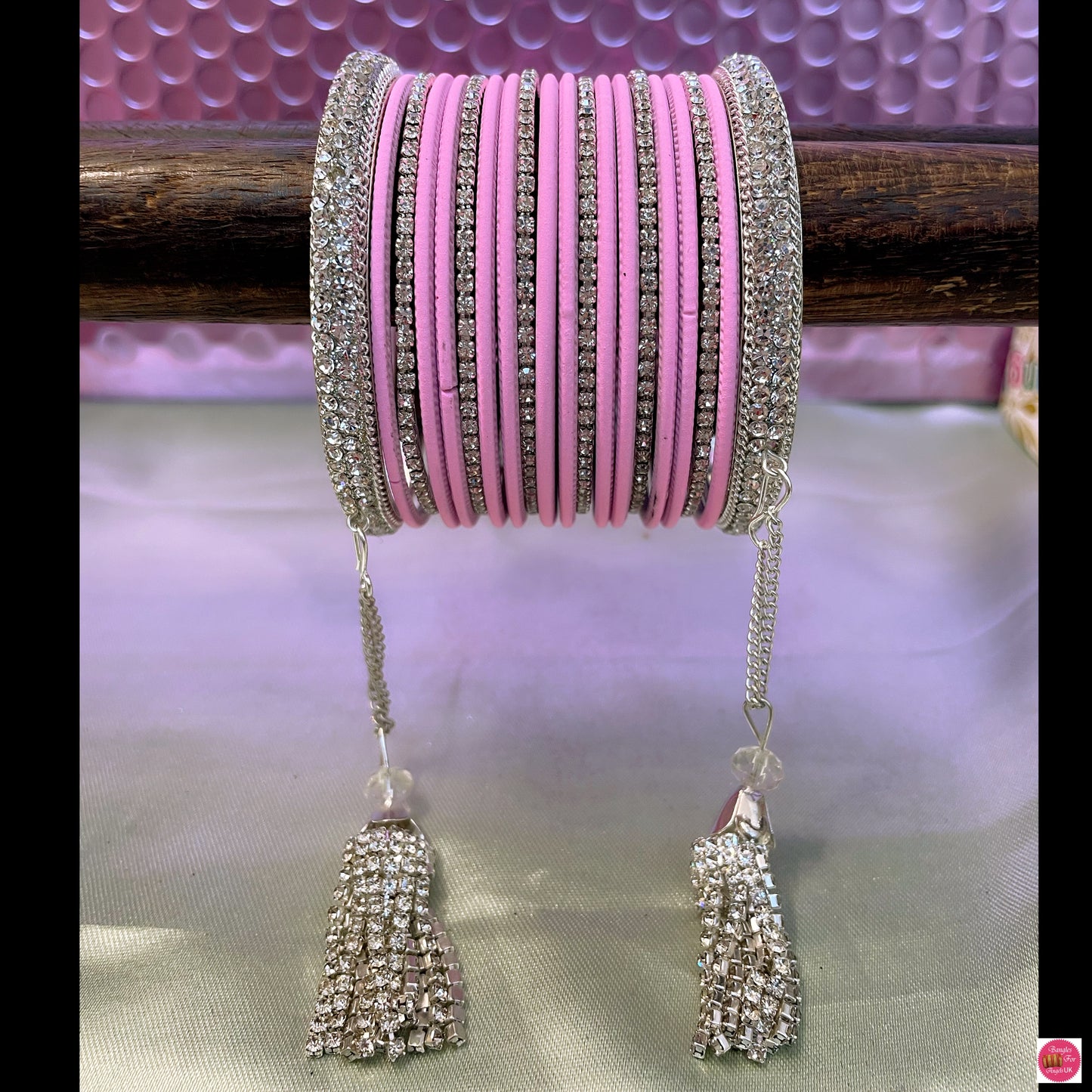 Silver Zirconia Hanging Metal Bangles Set- Light Pink