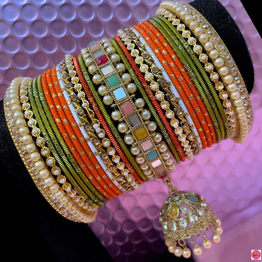 Kundan Pearl Mehendi Hanging Metal Bangles Sets