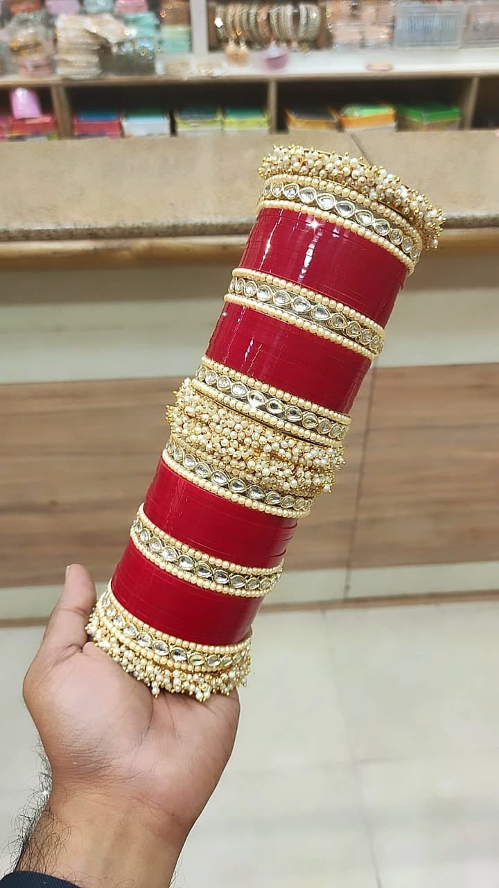 Kundan Pearl Bridal Red Chura Bangles Set