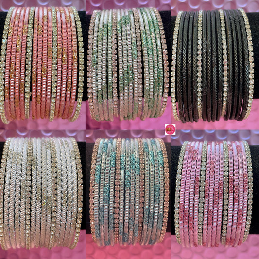 Silver Zirconia Metal Bangles Sets Various Colours - Size 2.2