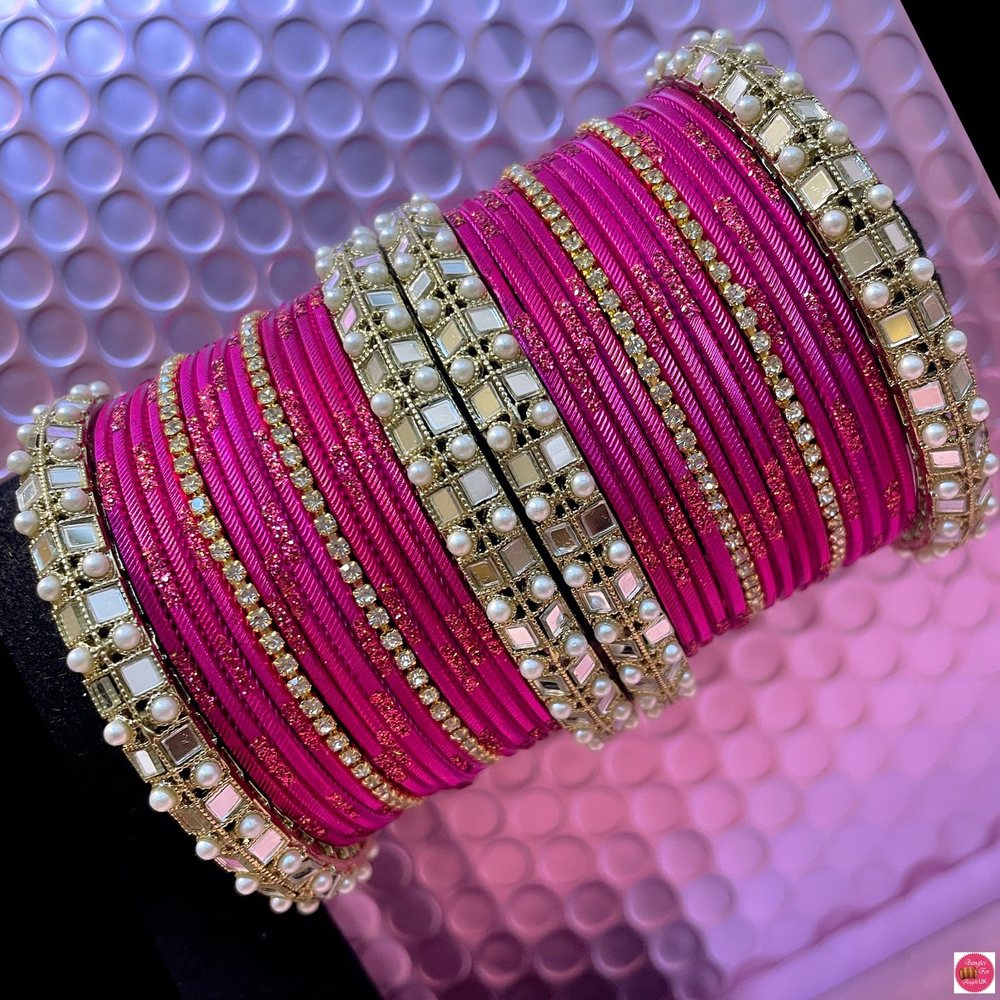 Pearl Mirror Zirconia Metal Bangles Set- Magenta Pink