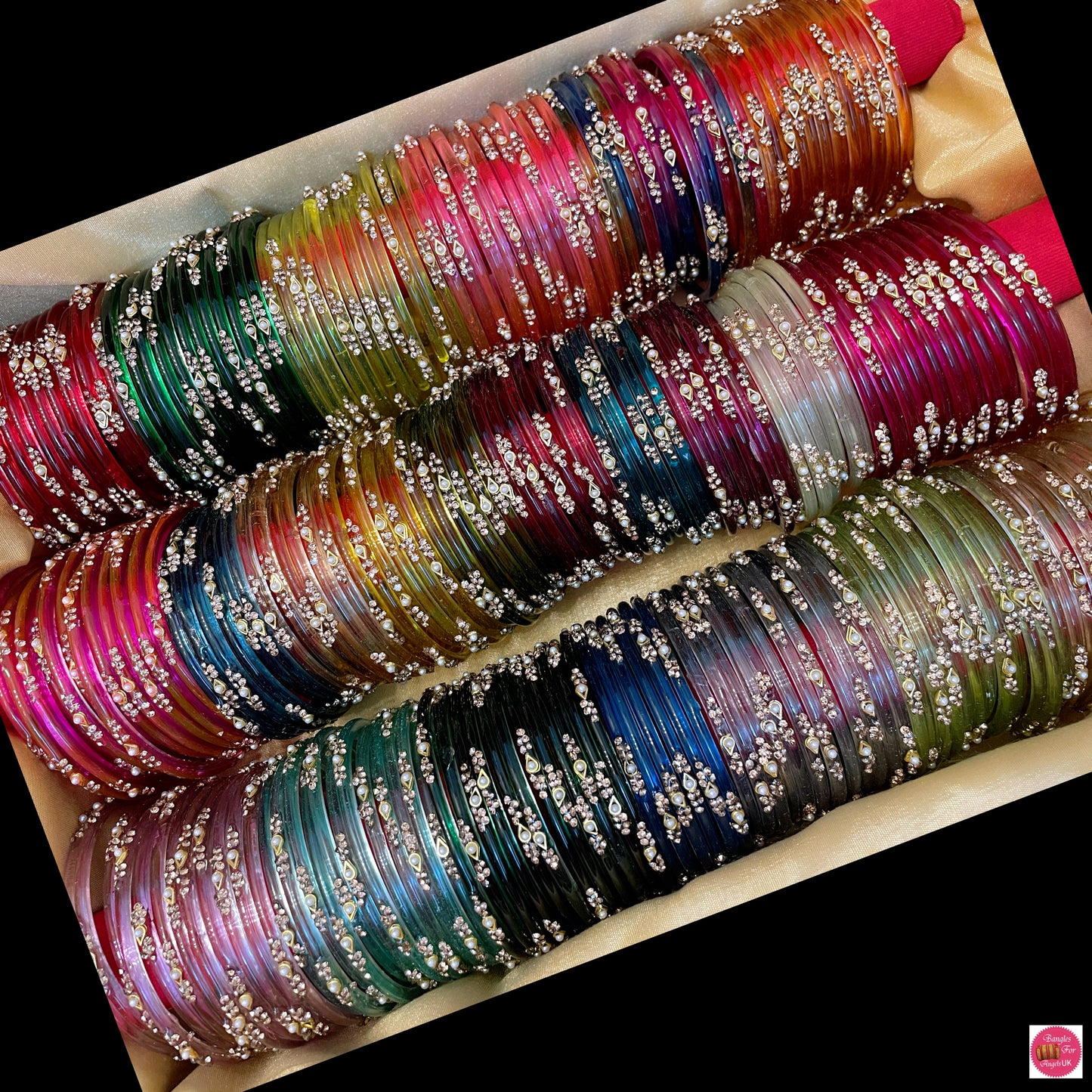 Pearl Glass Bangles- 16 Sets Combo in assorted colours