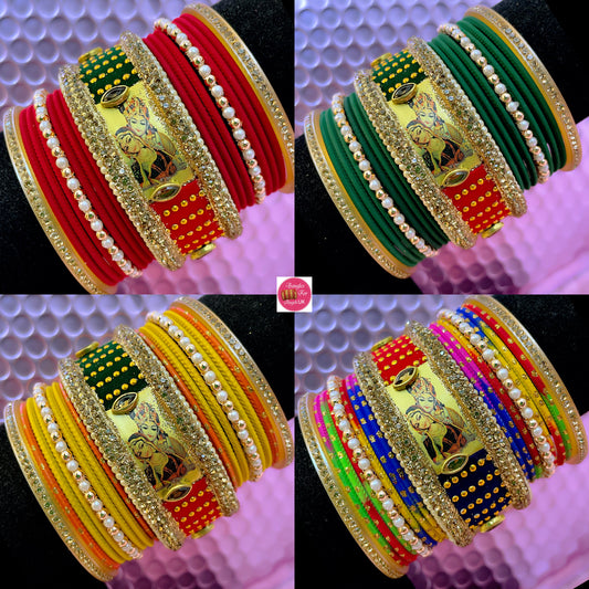 Radha Krishna Glass Pearl Metal Bangles Sets- Various Colours