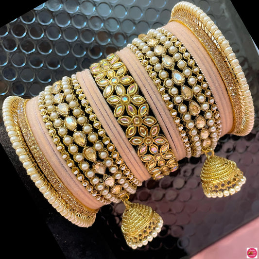 Kundan Pearl Hanging Chura Bangles Set- Light Peach