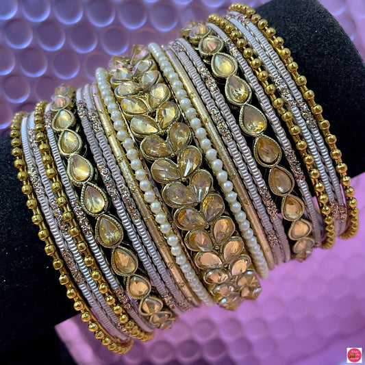 Kundan Pearl Metal Bangles Set- Taupe/Nude