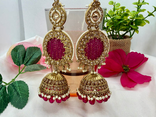 Kundan Magenta Pink Jhumka Earings
