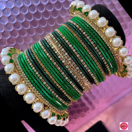Pearl Zirconia Metal Bangles Set- Green