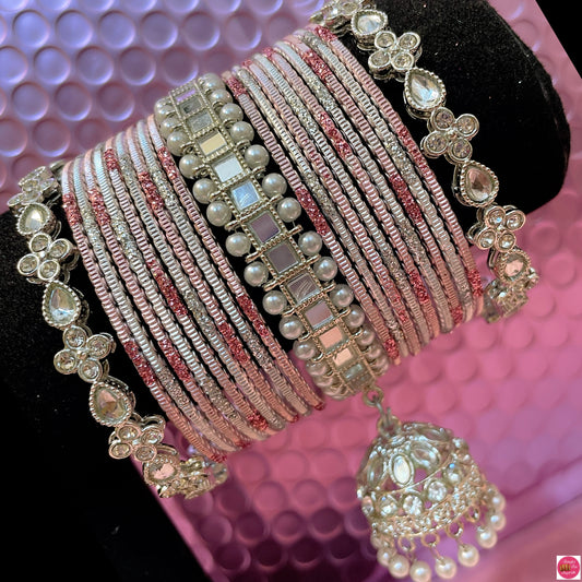 Silver Kundan Hanging Metal Bangles Set- Light Pink