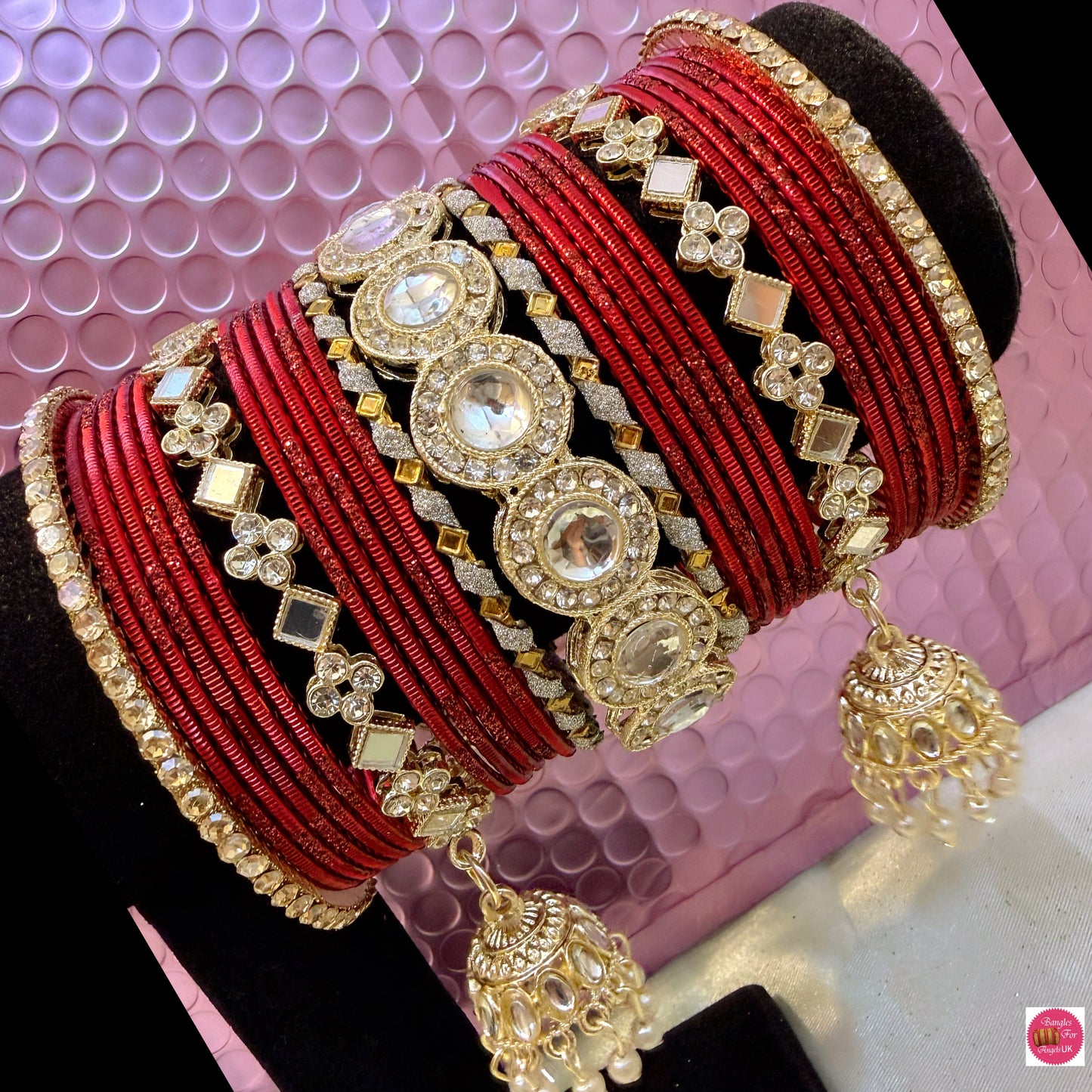 Kundan Mirror Gold Hanging Metal Bangles Set- Maroon