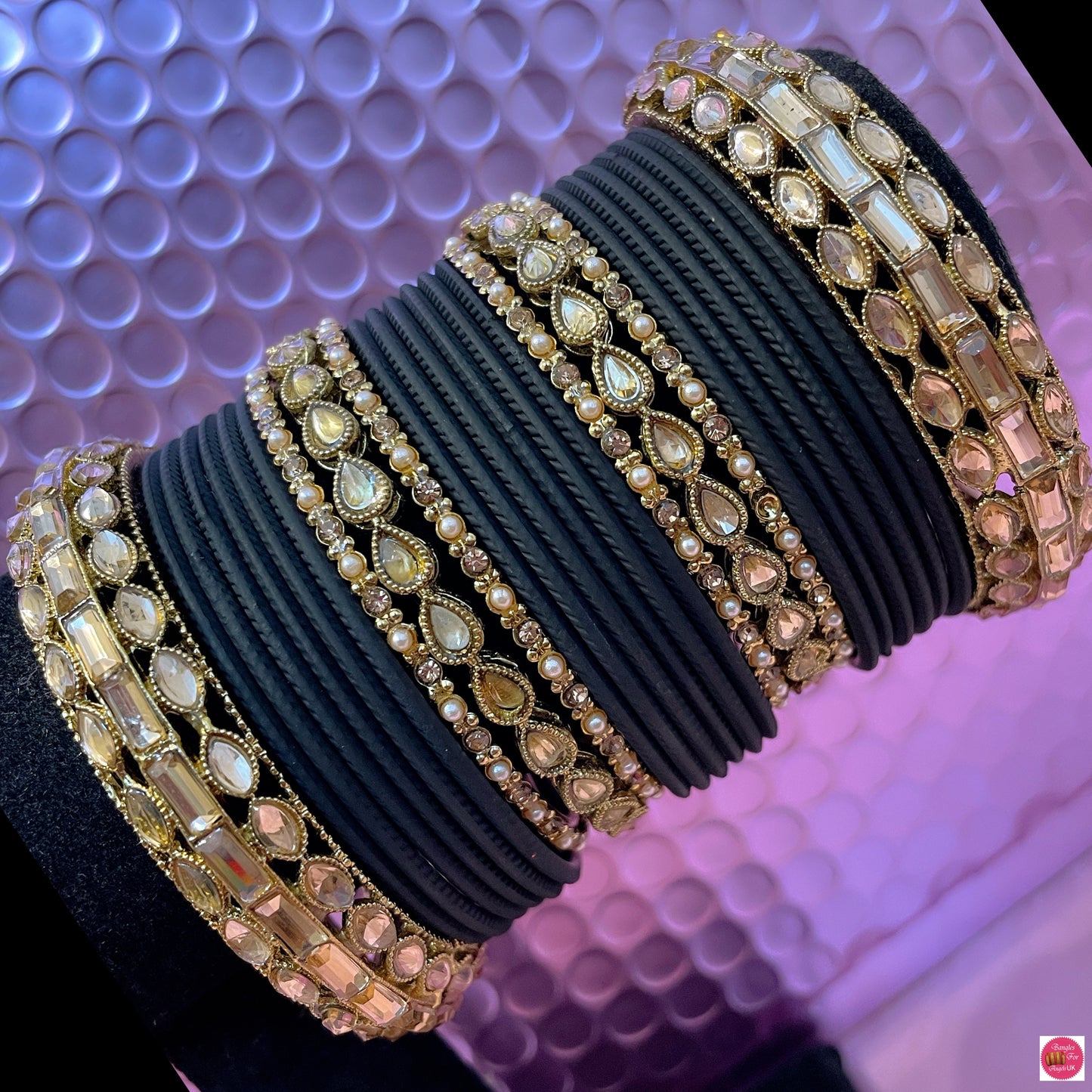 Kundan Metal Bangles Set- Black