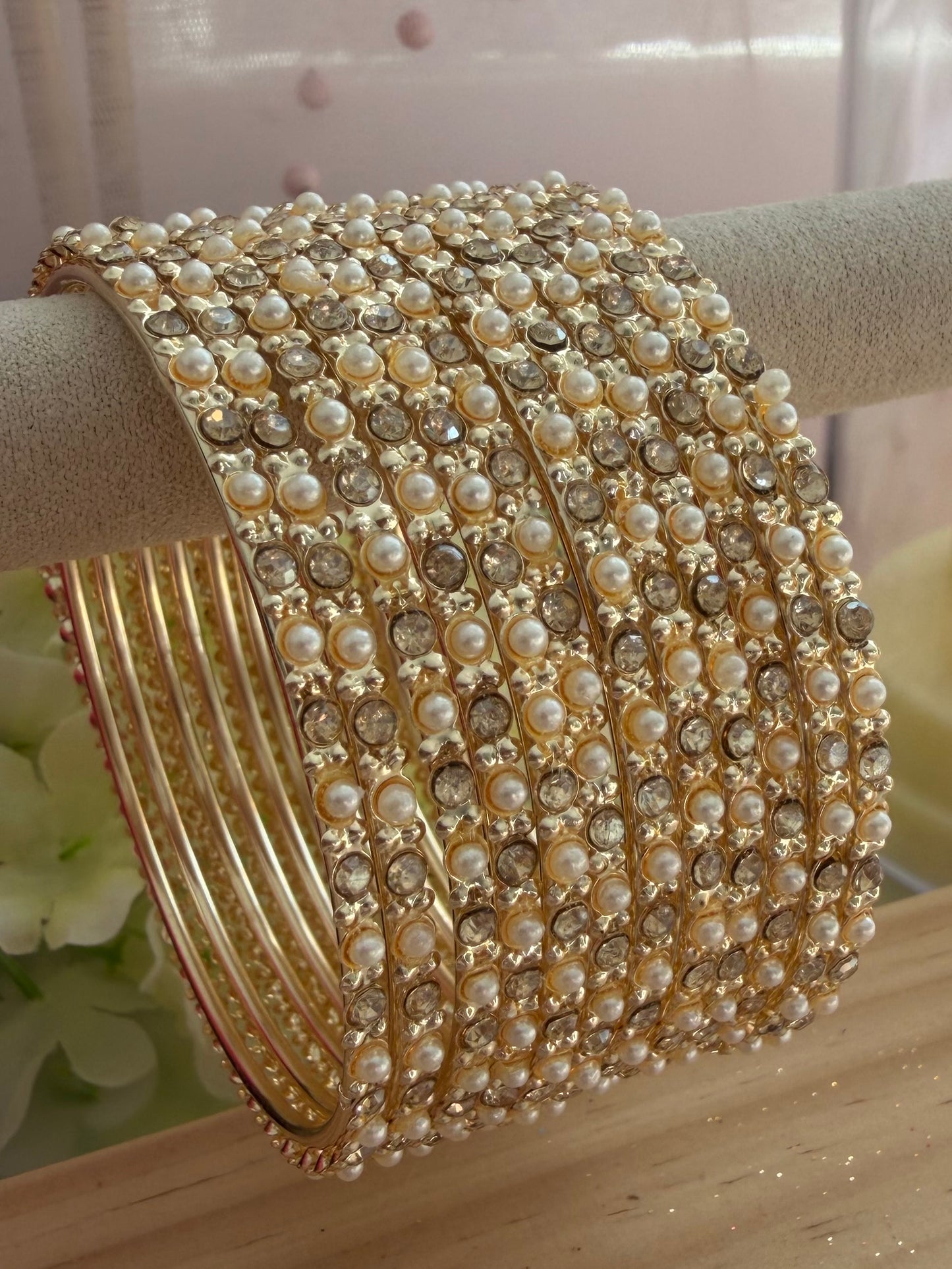Gold Pearl Metal Bangles Set