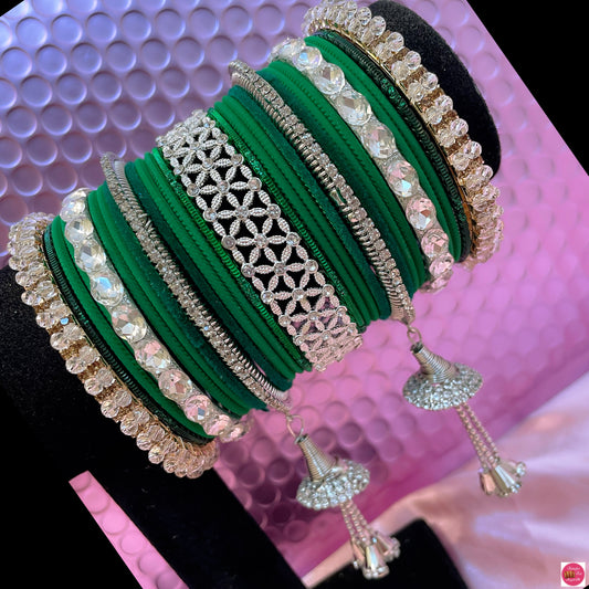 Silver Zirconia Hanging Metal Bangles Set- Green