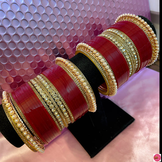 Mirror Pearl Punjabi Chura Bangles Set- Maroon