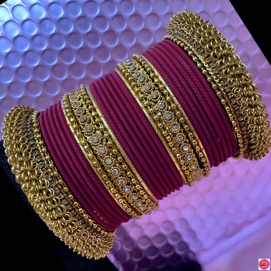 Antique Gold Metal Bangles Set- Maroon