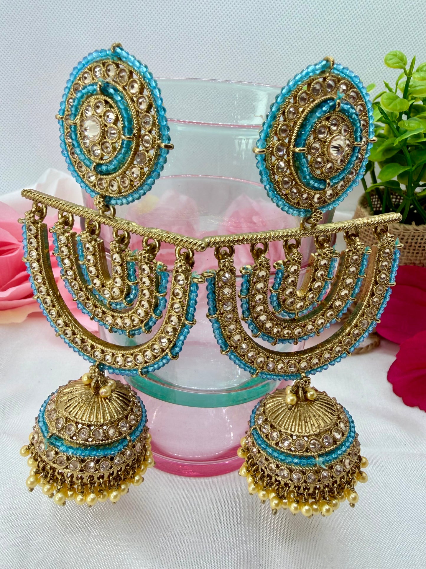 Kundan Sky Blue Jhumka Earings