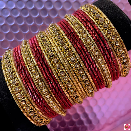 Gold Pearl Metal Bangles Set- Maroon