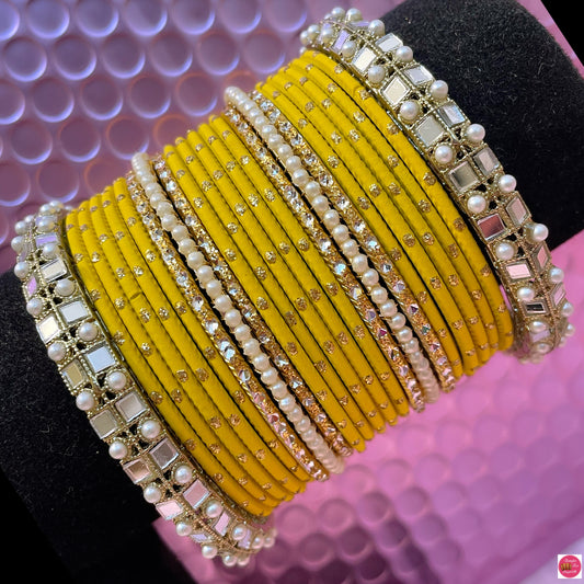 Pearl Mirror Metal Bangles Set- Yellow